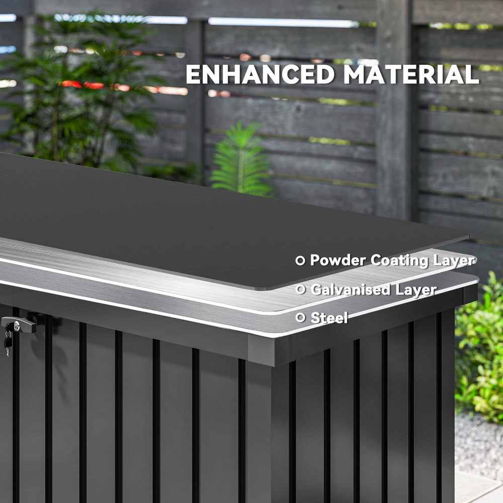Close up of the galvanised steel material layers of the black garden storage box
