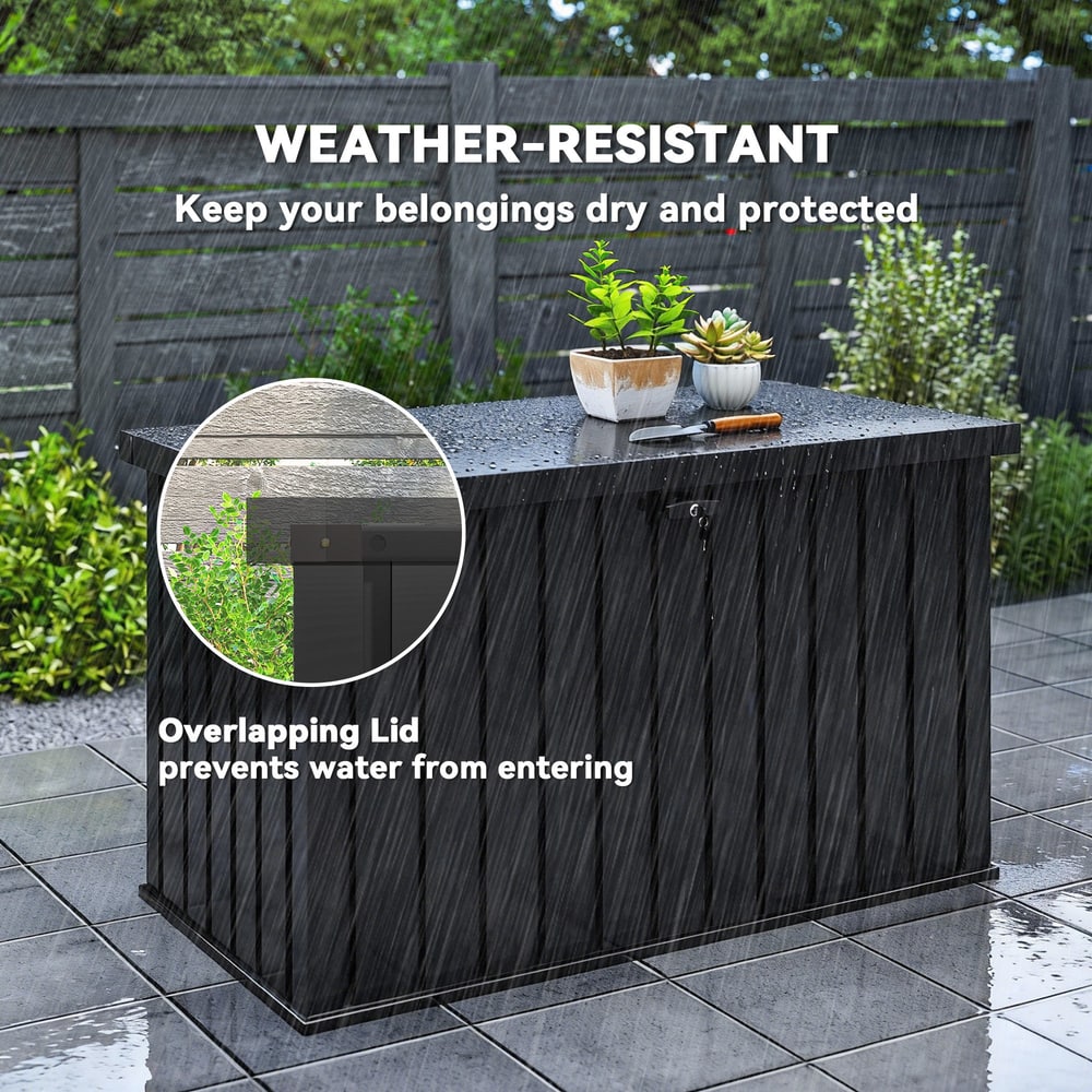 Black garden storage box in the rain showing its weather-resistant lid