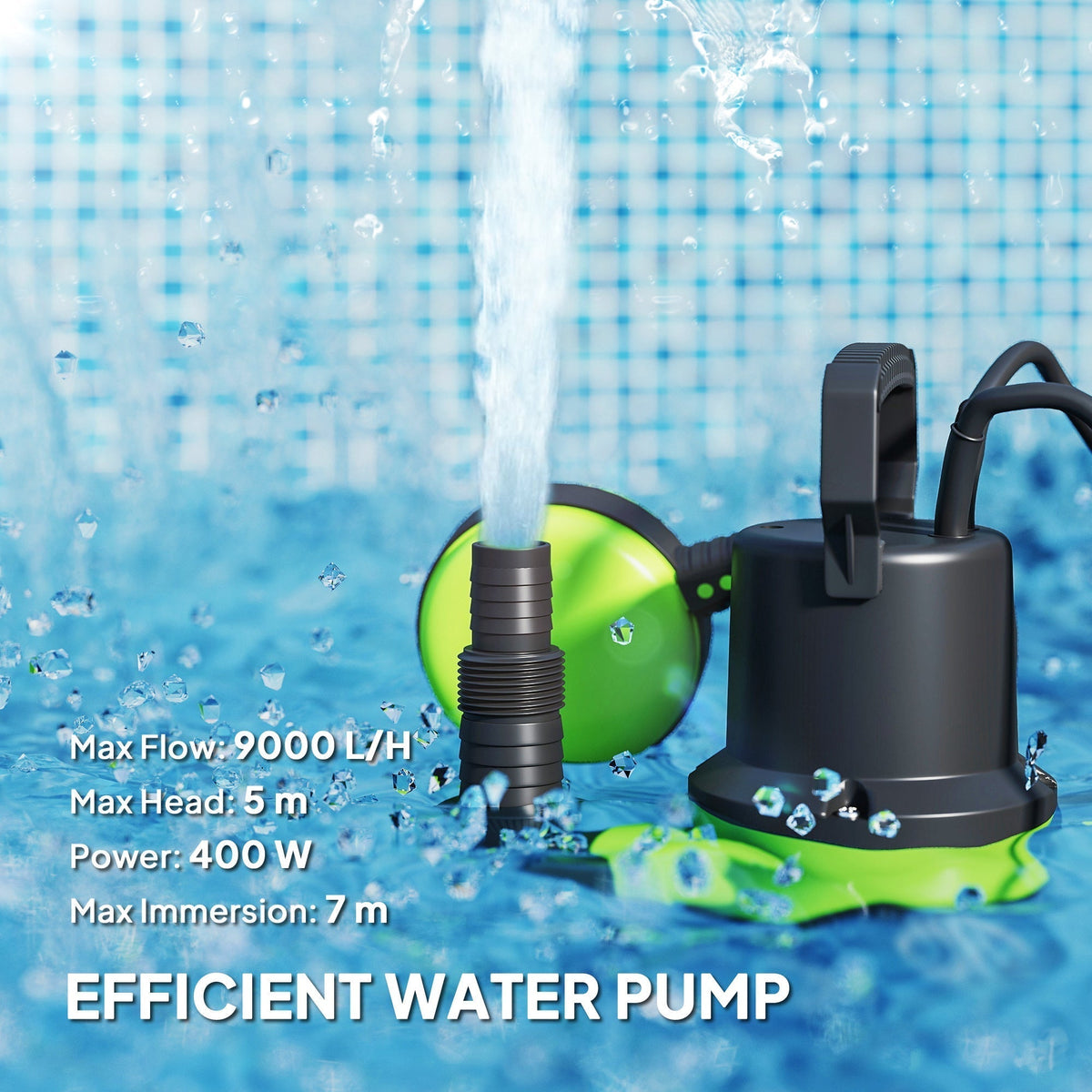 The submersible water pump spraying a jet of water upwards inside a tiled pool environment