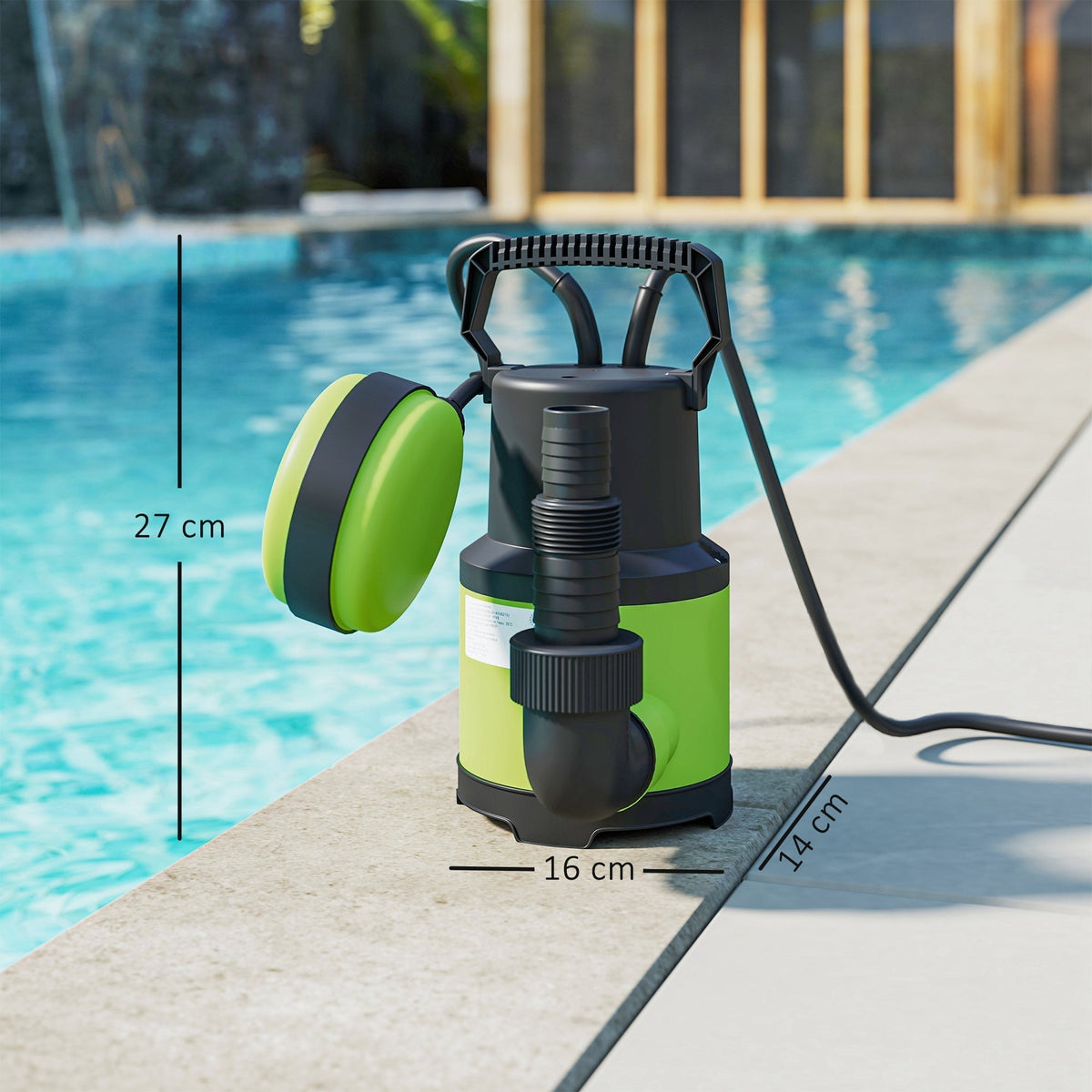 The submersible water pump standing on a pool edge with lines indicating its height and width