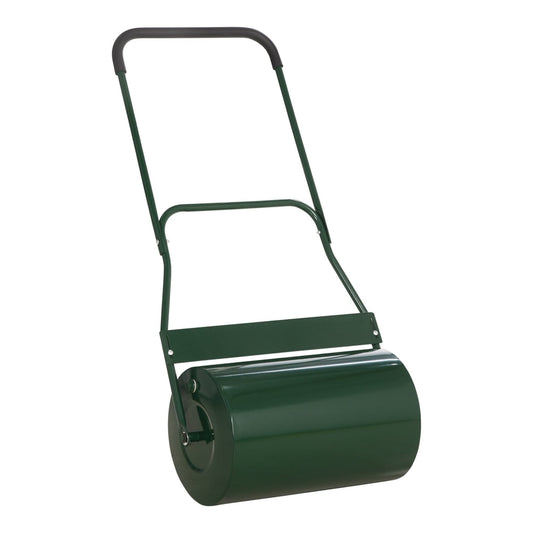 Outsunny 40L Garden Lawn Roller, a green metal push roller with a black handle, shown from the front
