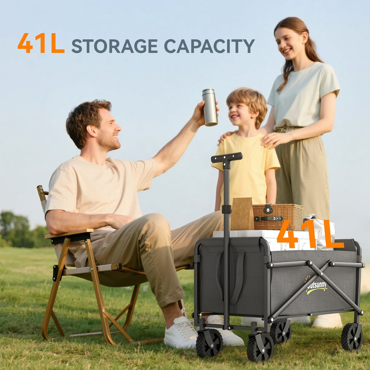 The garden trolley filled with items next to a family relaxing on camping chairs