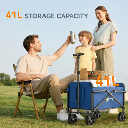 A family sitting on chairs next to the blue folding trolley cart, which has 41L storage capacity written on it