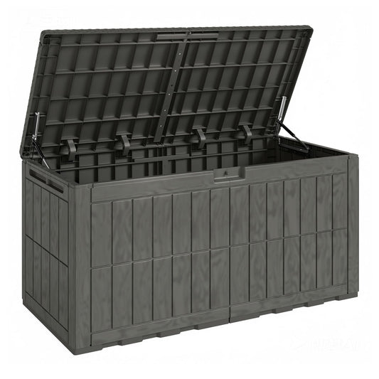 Outsunny 440L Garden Storage Box with the lid open showing the interior structure and gas rods