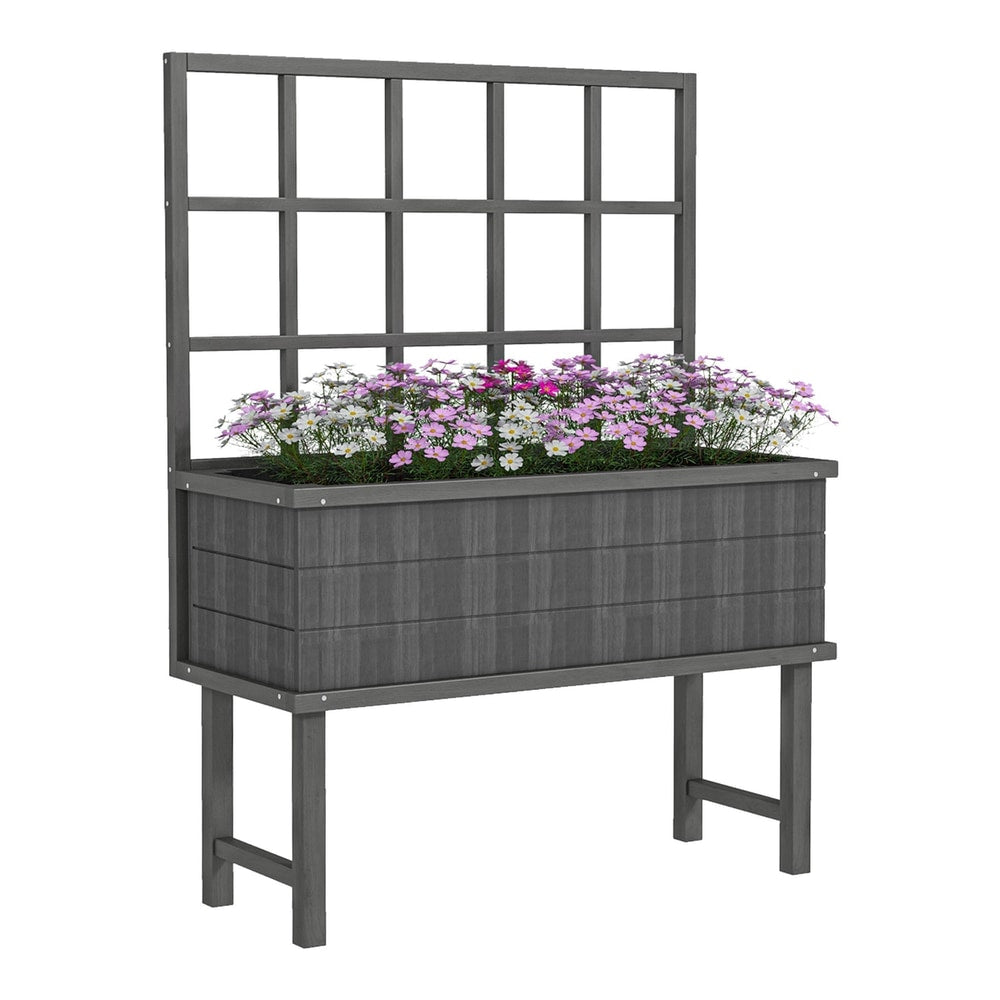 Outsunny Wooden Garden Planter in grey with a tall trellis filled with pink and white flowers