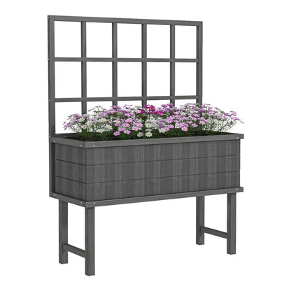 Outsunny Wooden Garden Planter in grey with a tall trellis filled with pink and white flowers