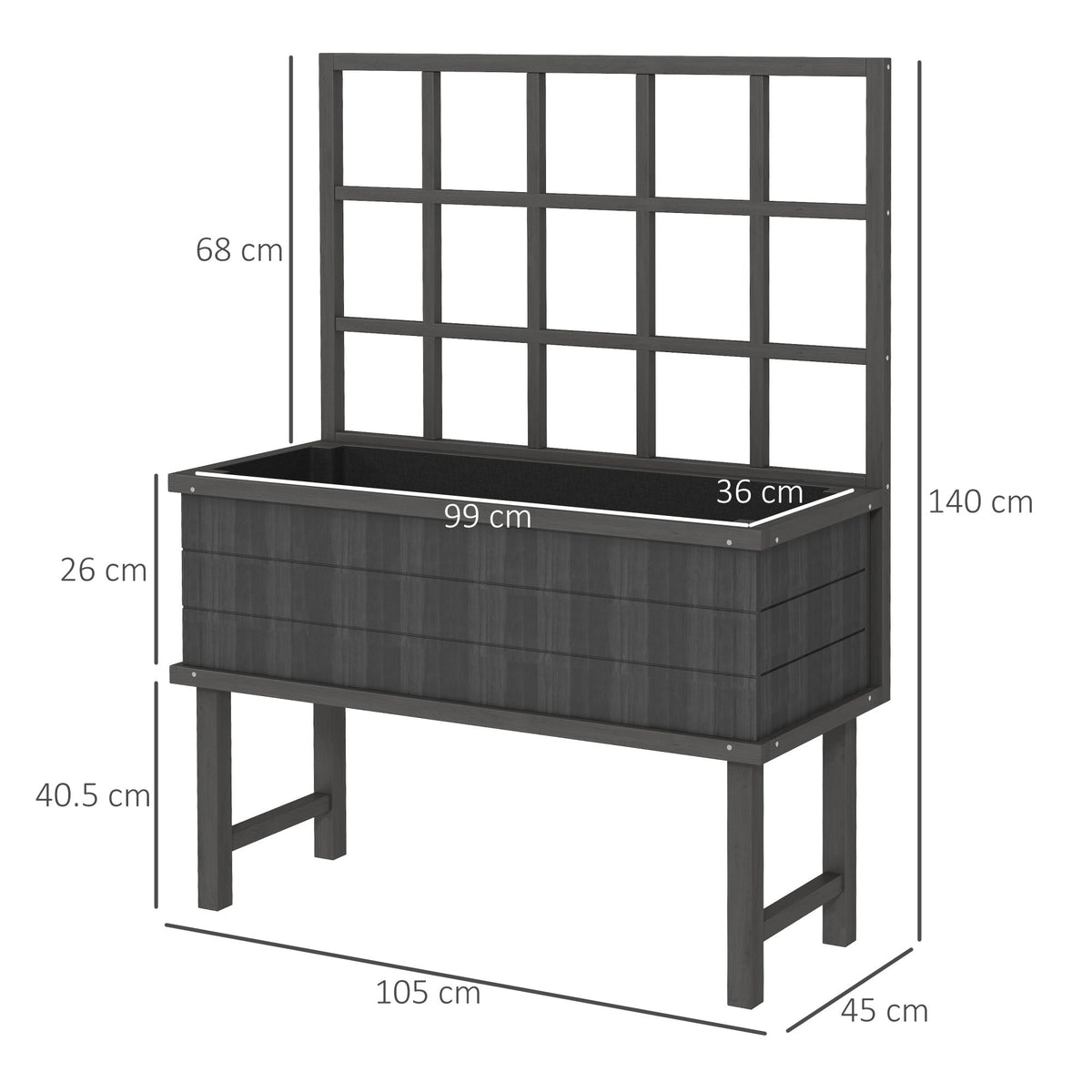 The wooden garden planter shown with lines and labels indicating its overall dimensions