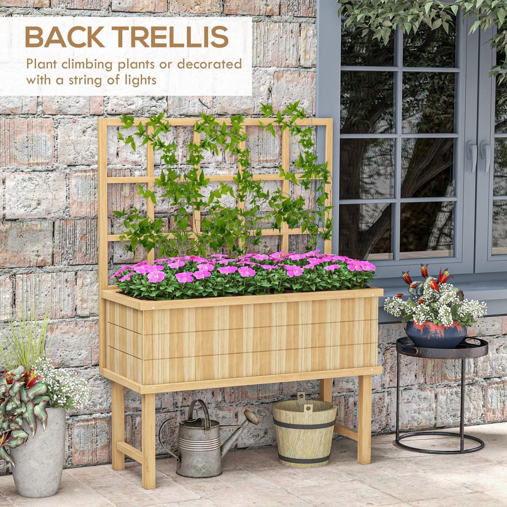 Back trellis of the wooden garden planter, showing climbing plants