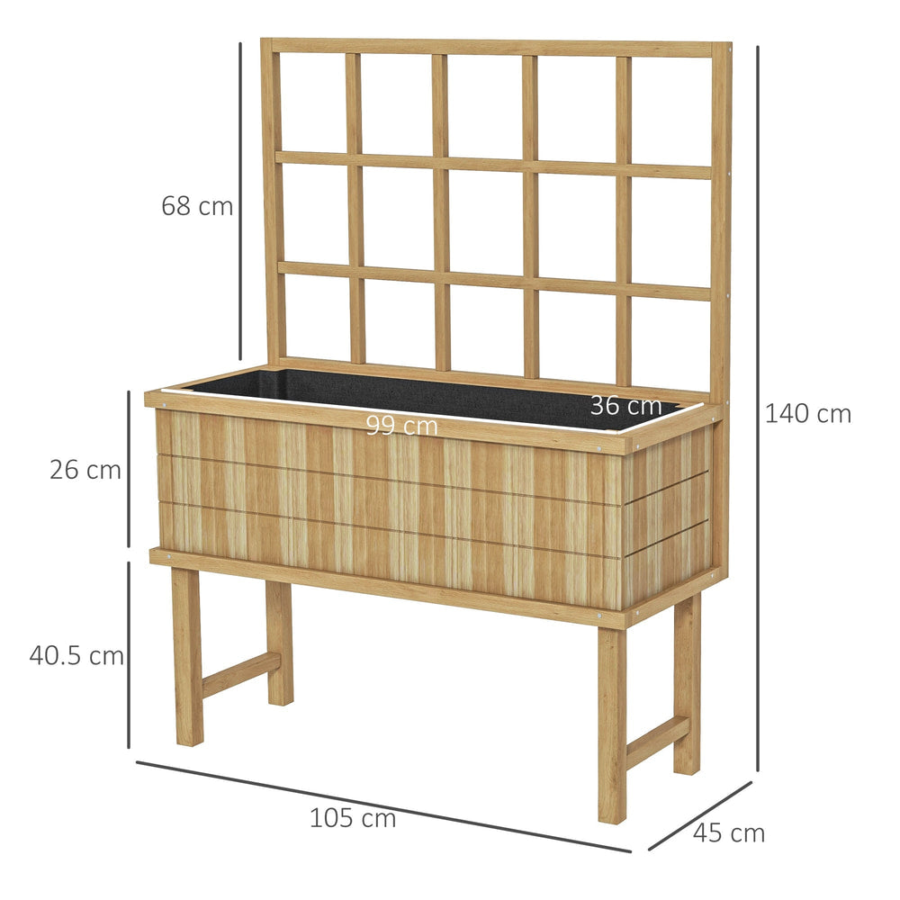 A wooden garden planter with trellis showing dimensions for height and width