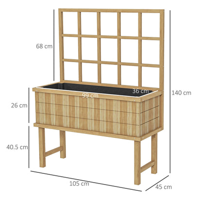 A wooden garden planter with trellis showing dimensions for height and width