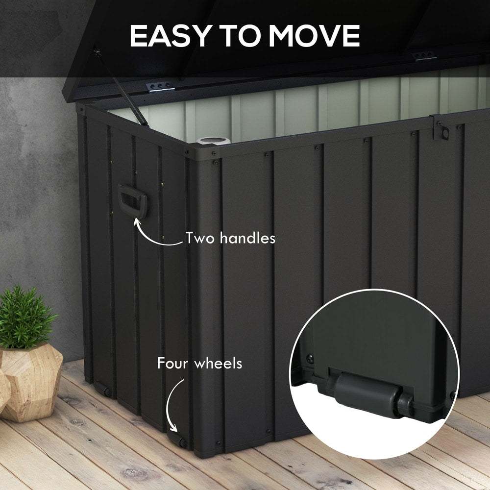 The garden storage box highlighting the side handles and wheels for easy movement