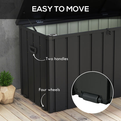 The garden storage box highlighting the side handles and wheels for easy movement