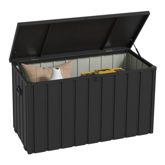 Outsunny 450L Galvanised Steel Garden Storage Box with the lid open and items stored inside