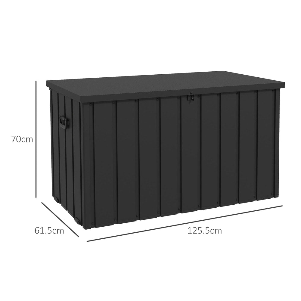 The garden storage box shown with dimension lines indicating its height, width and depth