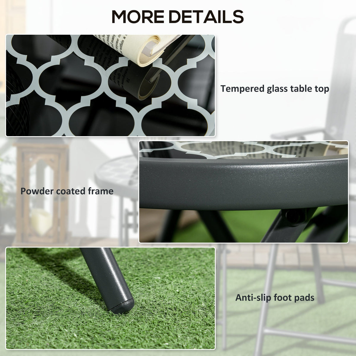 Close-up details of the round folding patio table, highlighting the glass top, frame, and foot pads