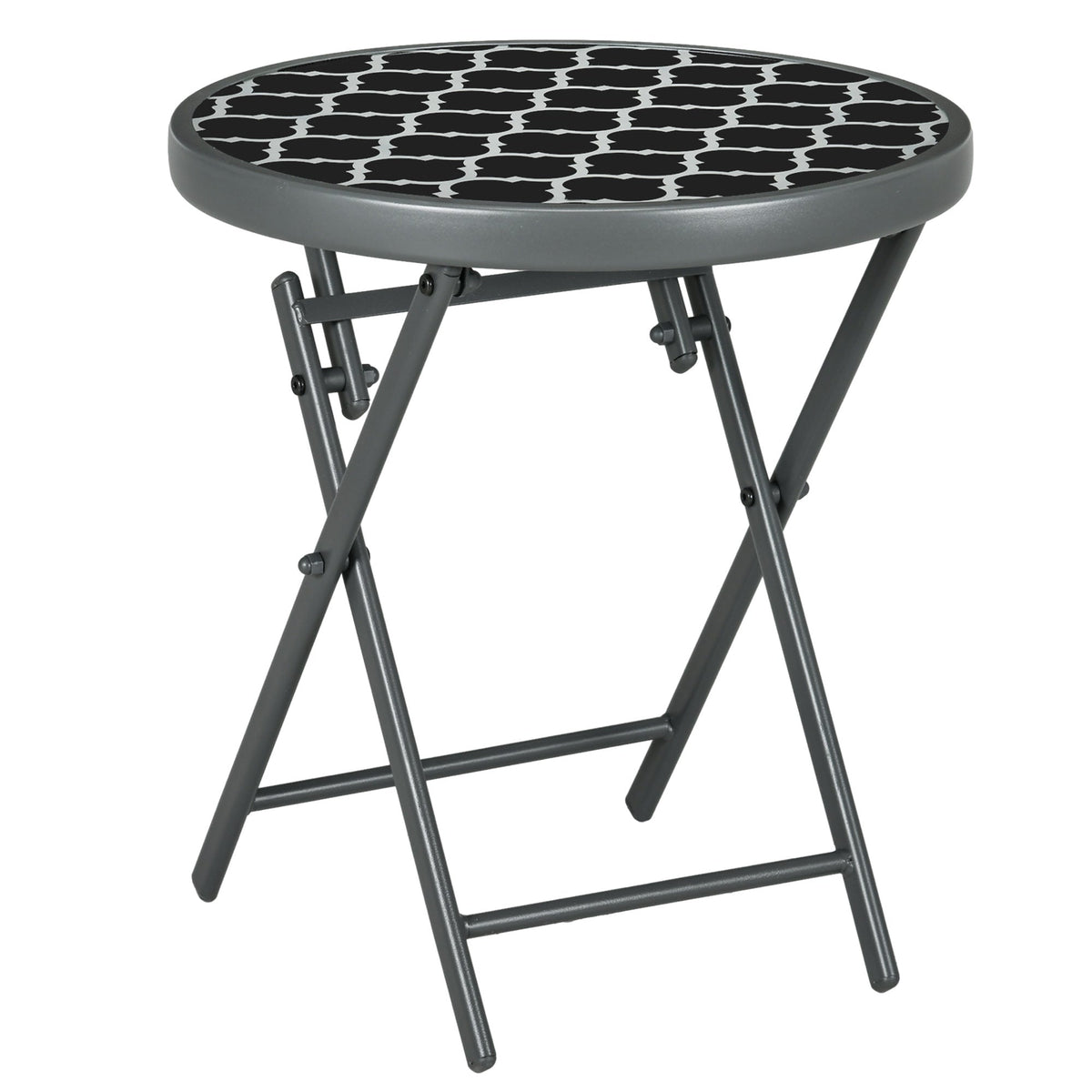 Outsunny Garden Side Table, a round folding patio table with a black and white pattern glass top and grey metal legs