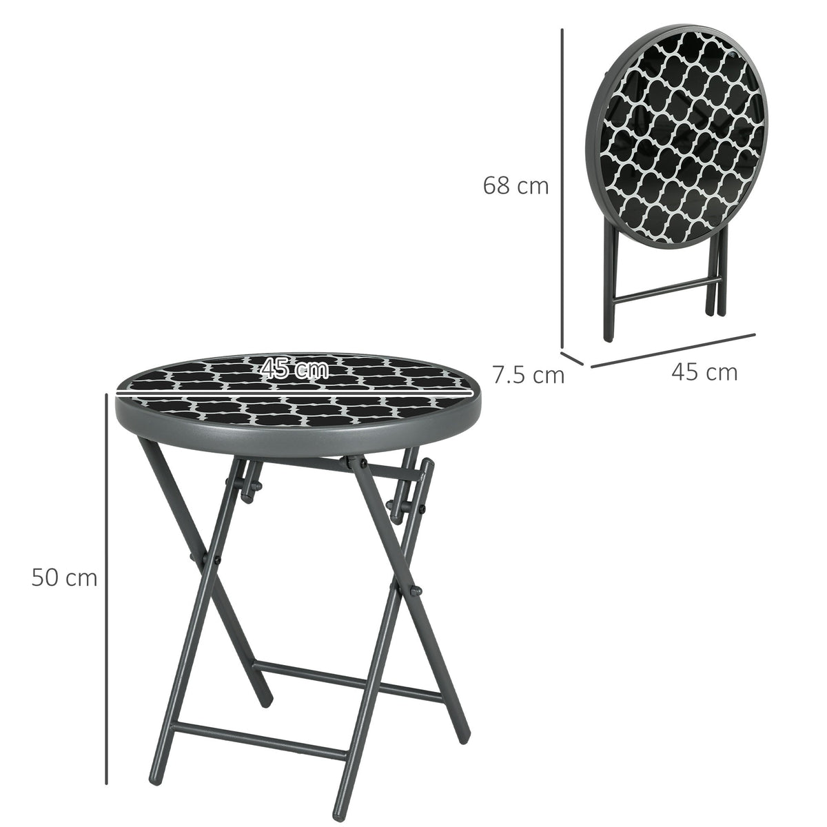 Dimensions of the round folding patio table, showing height and diameter