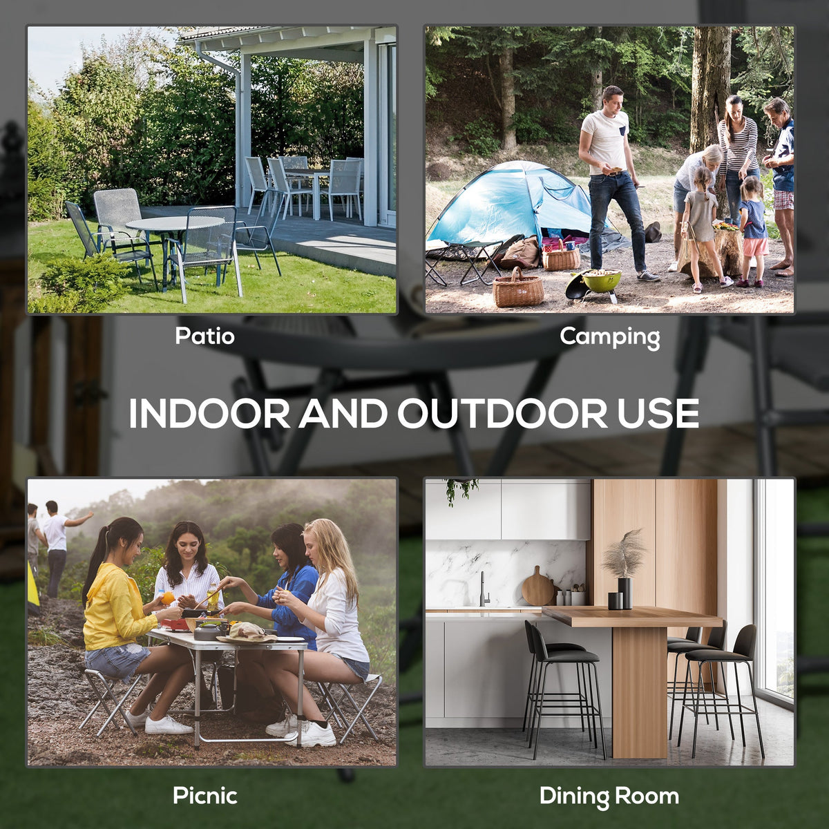 Collage showing the round folding patio table used in various settings: patio, camping, picnic, and dining room