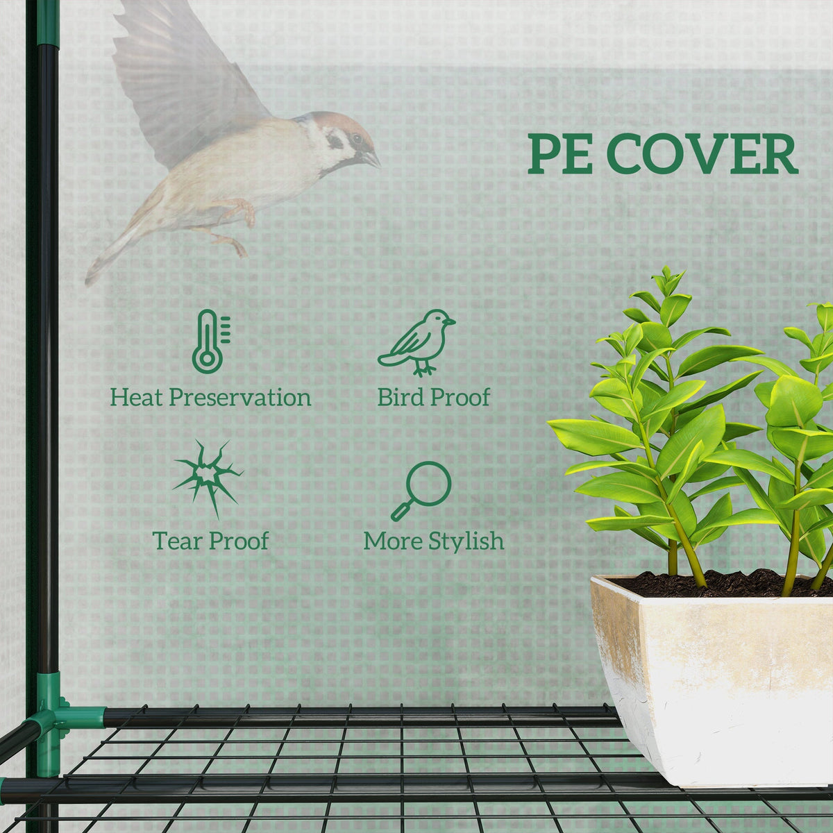 Close up of the greenhouse cover showing features like heat preservation and bird proofing