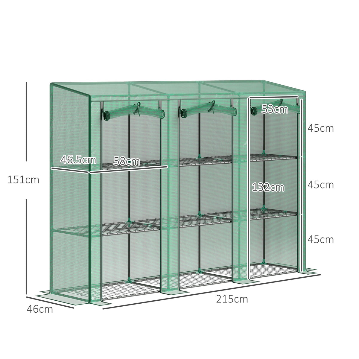 A diagram showing the dimensions of the nine-shelf greenhouse