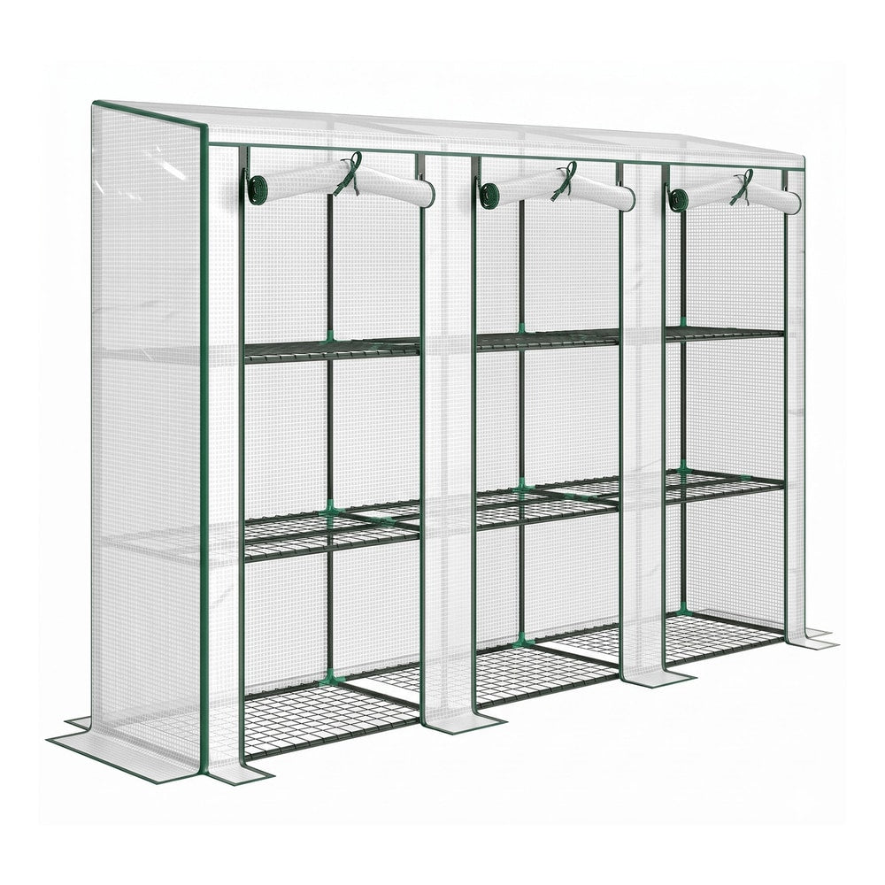 Outsunny Nine-Shelf Greenhouse with a white frame and clear plastic cover, showing the full product from the front