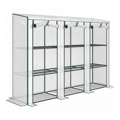 Outsunny Nine-Shelf Greenhouse with a white frame and clear plastic cover, showing the full product from the front
