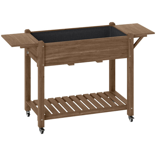 Outsunny Wooden Raised Planter with shelves and foldable side tables on wheels