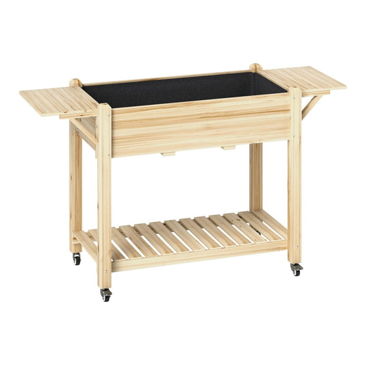 Outsunny Wooden Raised Planter with fold-out side tables and a slatted lower shelf