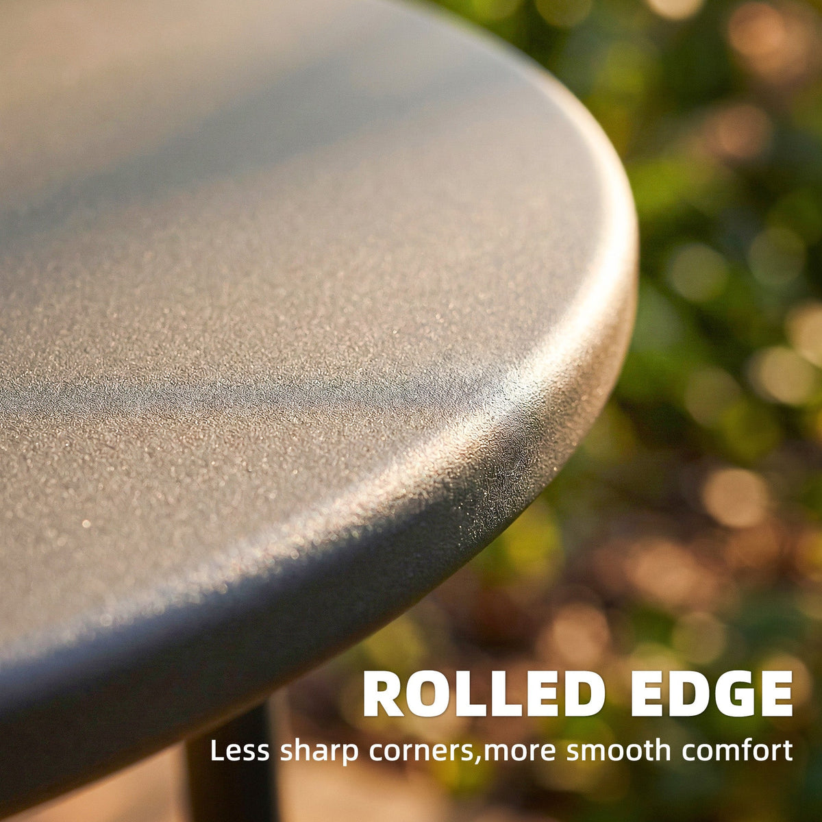 Close-up of the smooth rounded edge of the garden table surface
