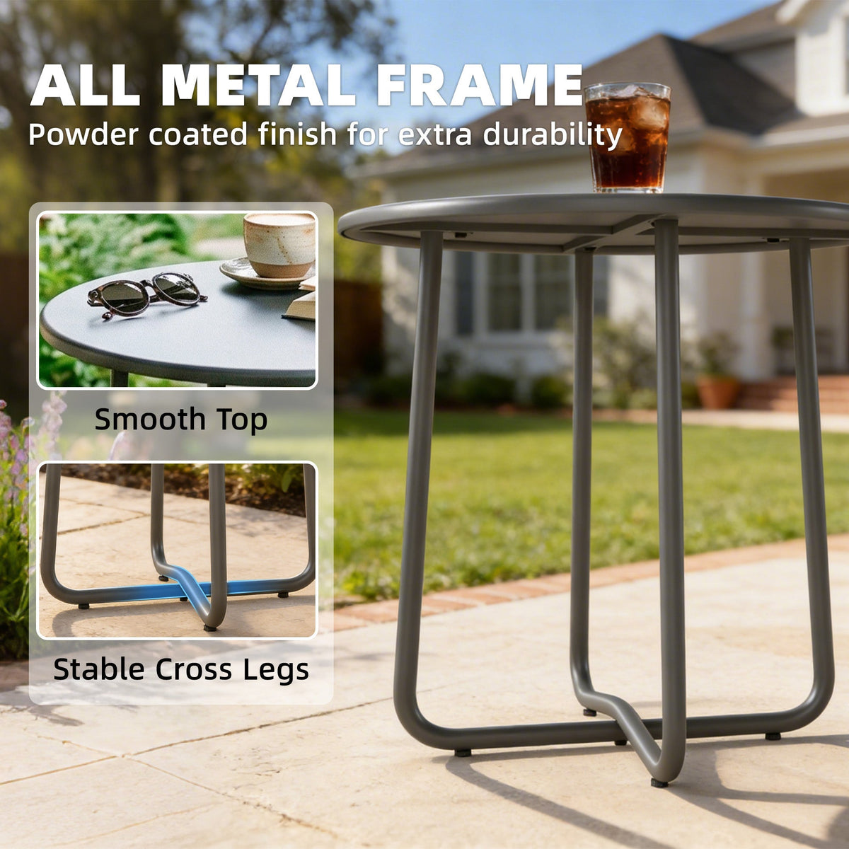 The garden table showing the metal frame construction and stable cross leg design