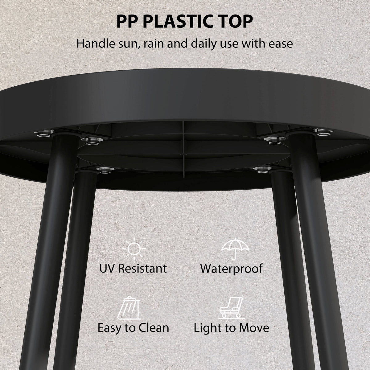 Underside of the black round garden table showing the metal legs and plastic top construction