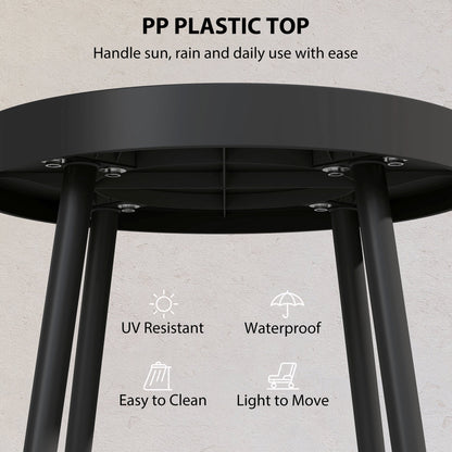 Underside of the black round garden table showing the metal legs and plastic top construction