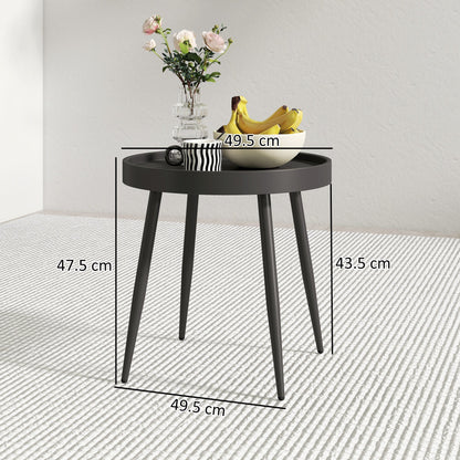 A black round garden table with dimensions shown for height and diameter