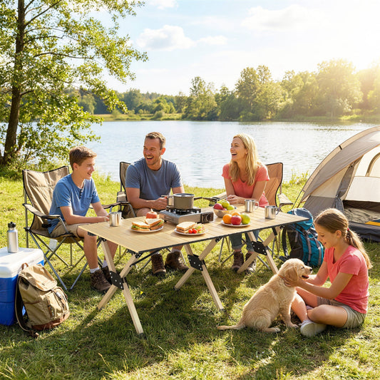 A family enjoying a picnic by a lake, using the camping table for food and drinks