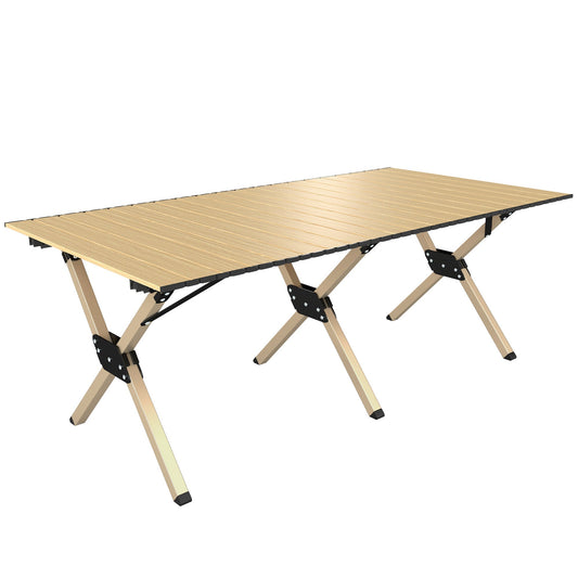 Outsunny 4ft Folding Camping Table, a light brown roll-up top table with a metal frame