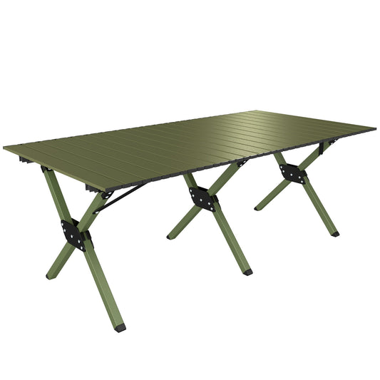 Outsunny 4ft Folding Camping Table, green, with a metal frame and roll-up top