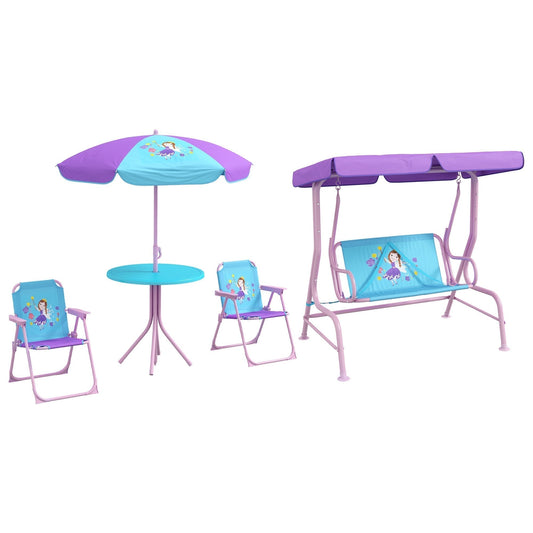 Outsunny 4PCs Kids Garden Furniture Set with a swing chair, table and two chairs