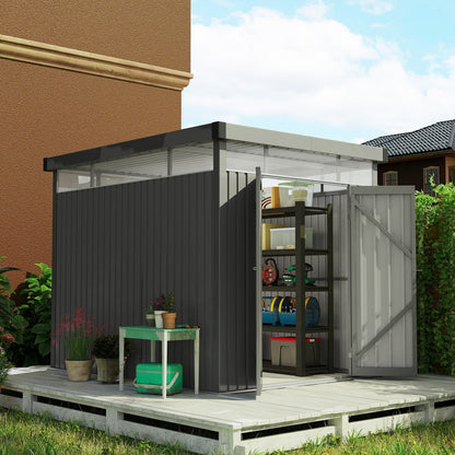 The garden shed placed on a wooden patio with its doors open revealing storage shelves inside