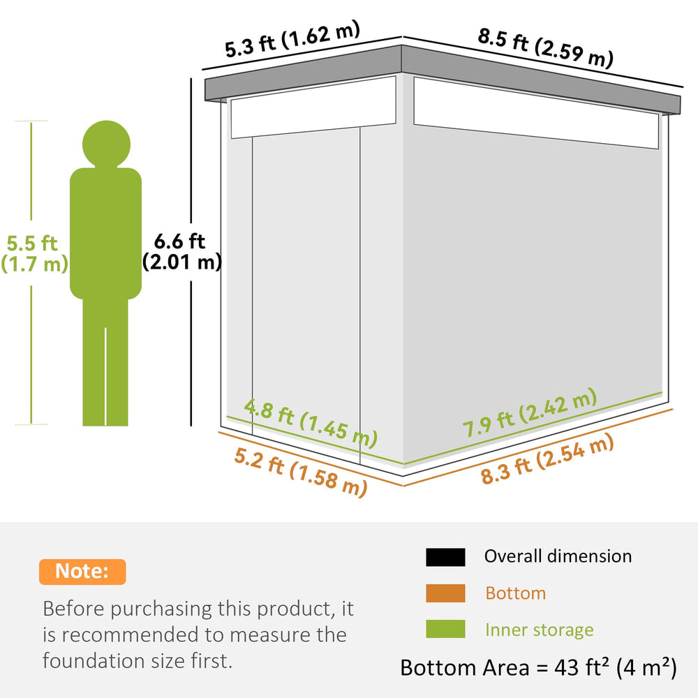 The garden shed shown with technical lines and labels indicating the external dimensions