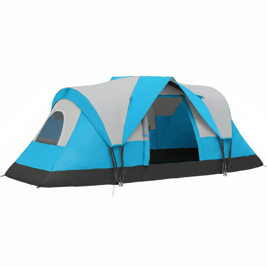 Outsunny 5-6 Man Camping Tent, a blue and grey tunnel tent pitched on a white background
