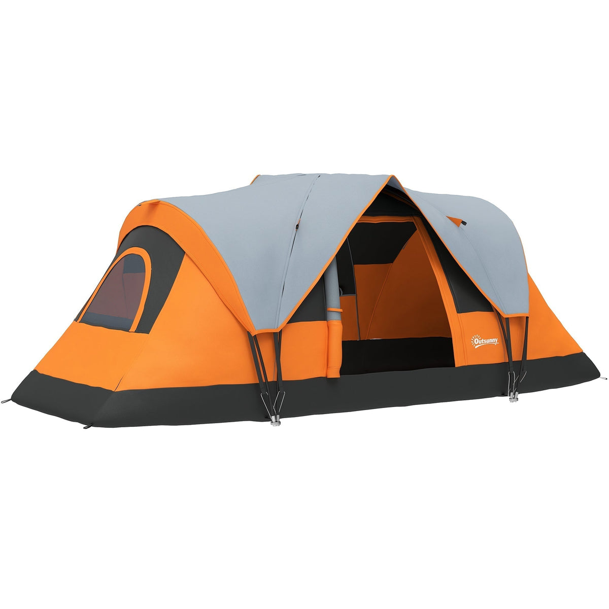 Outsunny 5-6 Man Dome Camping Tent in orange and grey, set up on grass with the front entrance open