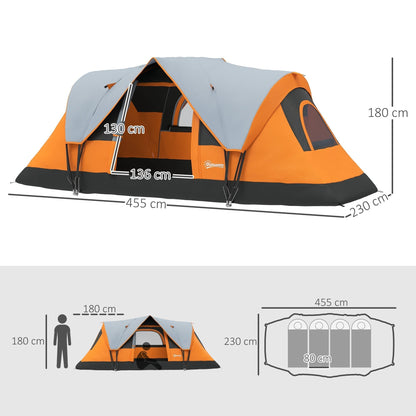 Diagram showing the dimensions of the orange and grey dome camping tent and a person icon for scale