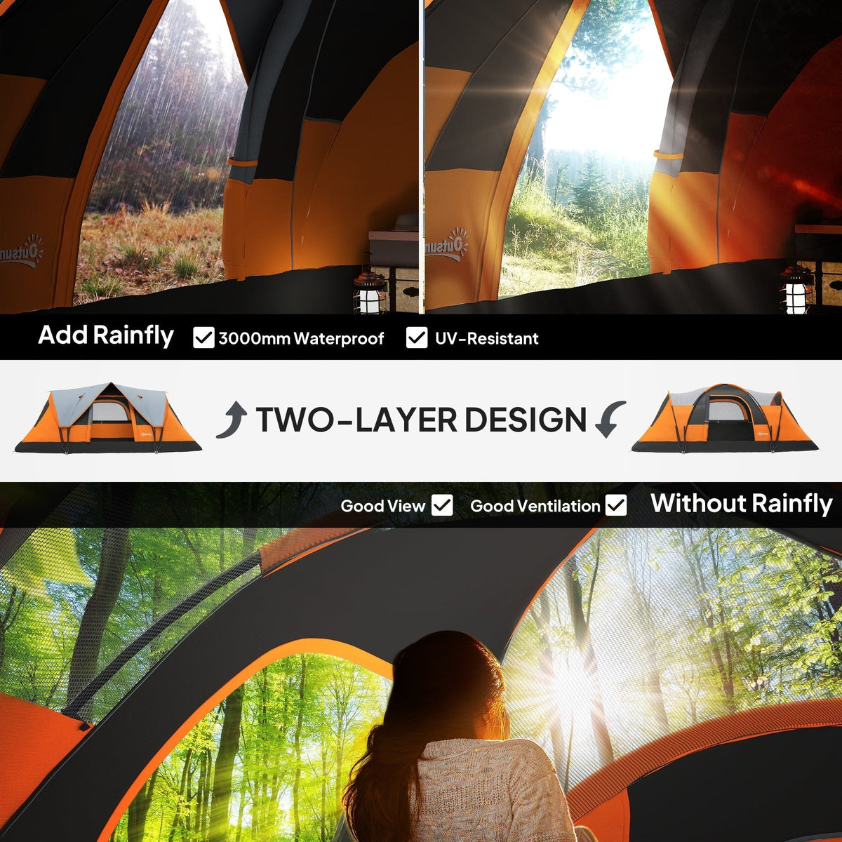 Close up of the orange and grey dome camping tent showing its two-layer design and UV-resistant material