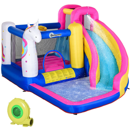 Outsunny 5 in 1 Bouncy Castle with a unicorn design, slide, and splash pool