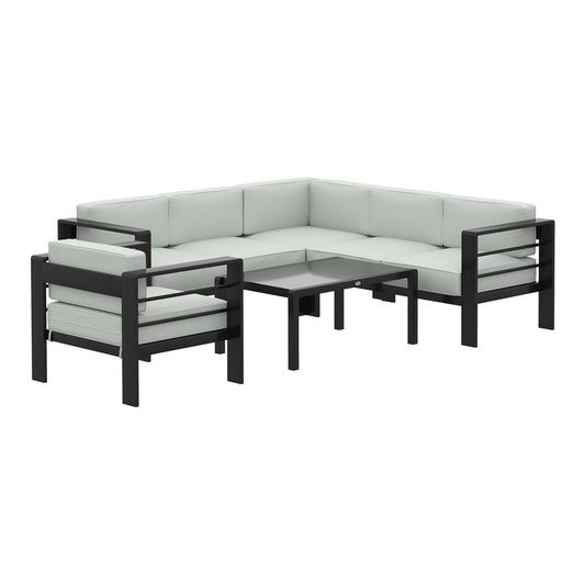 Outsunny 5-Piece Garden Corner Sofa Set with Cushions, a light grey aluminium furniture set with a coffee table