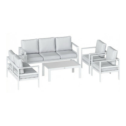 Outsunny 5 Pieces Aluminium Garden Furniture Set, a white sofa, two armchairs and a coffee table with grey cushions