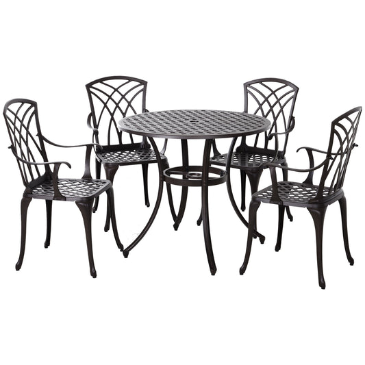 Outsunny 5 Pieces Garden Dining Set for 4, cast aluminium outdoor dining set with round table and four armchairs