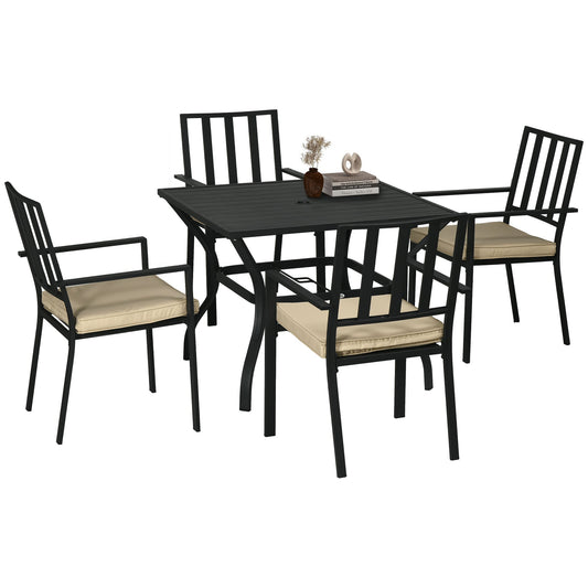 Outsunny 5 Pieces Garden Dining Set with Cushions, black metal table and four chairs with beige cushions