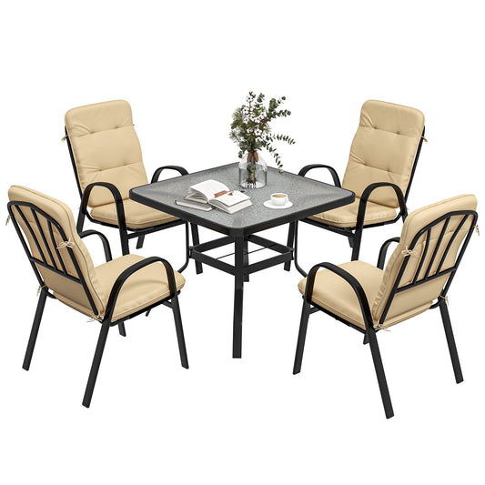 Outsunny 5 Pieces Outdoor Square Garden Dining Set with four beige cushioned armchairs and a glass topped table