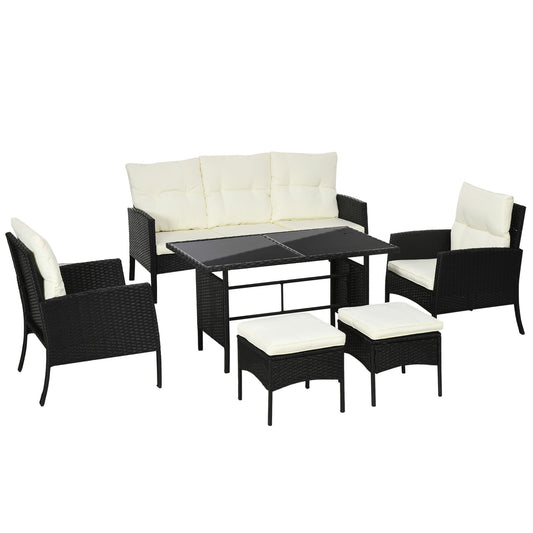 Outsunny 5 Seater Rattan Garden Furniture Set with two armchairs, a sofa, two footstools and a glass table
